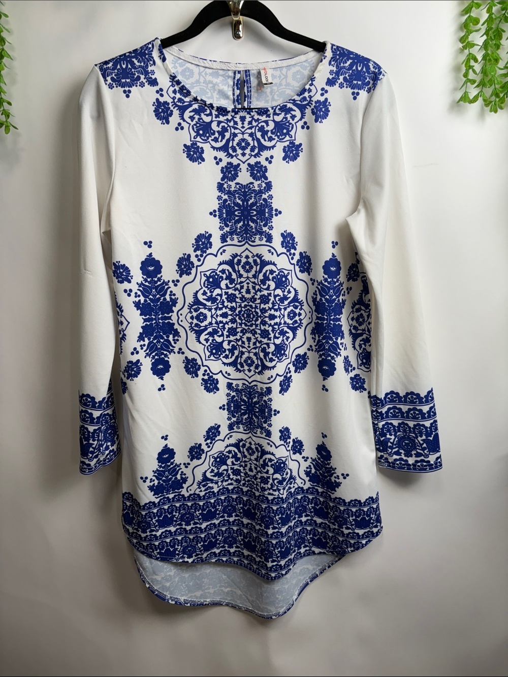White Tunic with Blue Medallion Print
